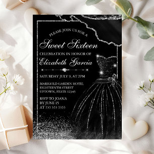 Invitación Vestido de Acuarela Negro y Borde Plateado Glam Sw