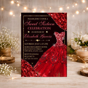 Invitación Vestido de Acuarela Roja & Bordes Glamurosos Dulce
