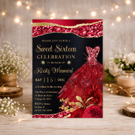 Invitación Vestido de acuarela rojo y dorado con brillo para 