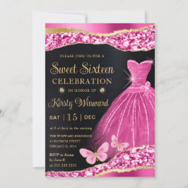 Invitación Vestido de acuarela rosa y dorado con brillo para 