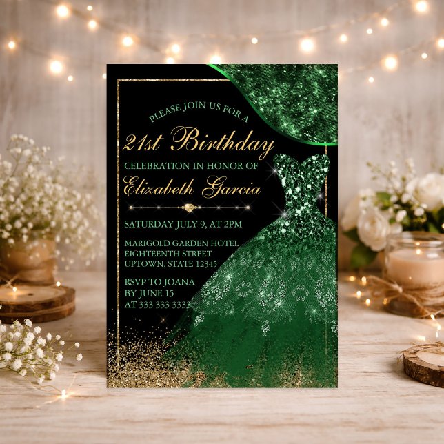 Invitación Vestido de Acuarela Verde Oscuro Cumpleaños 21 (Subido por el creador)