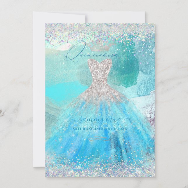 Invitación Vestido de agua azul holográfico para Quinceañera (Anverso)