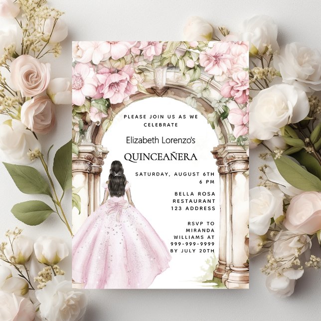 Invitación Vestido de arco de florines rosados Quinceanera (Subido por el creador)