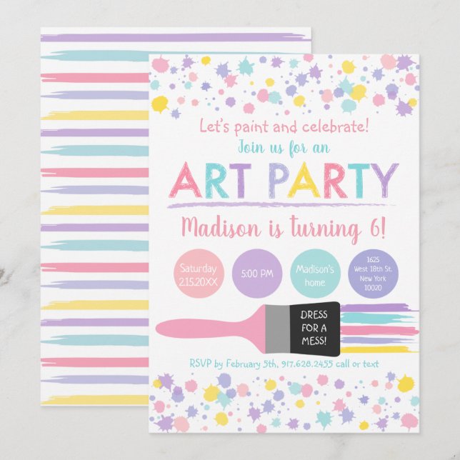 Invitación Vestido De Arcoiris Pastel Para Un Fiesta De Arte  (Anverso / Reverso)