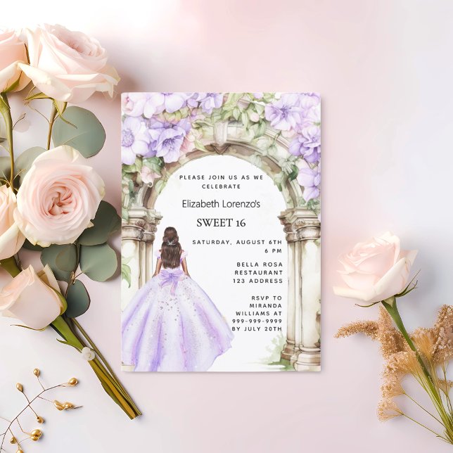 Invitación Vestido de arcos de flores de lavanda Dulce 16 (Subido por el creador)