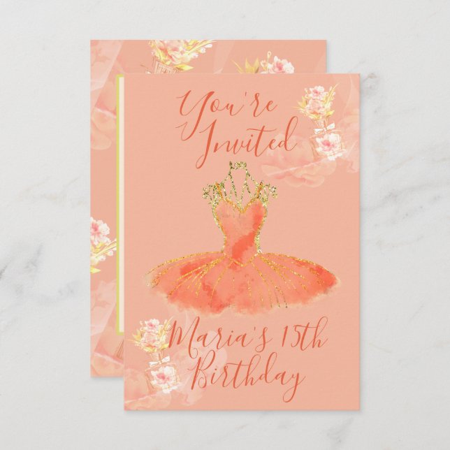 Invitación Vestido de bailarina de oro rosa melocotón Floral  (Anverso / Reverso)