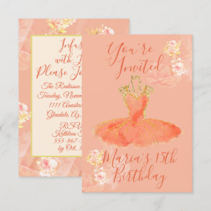Invitación Vestido de bailarina de oro rosa melocotón Floral 