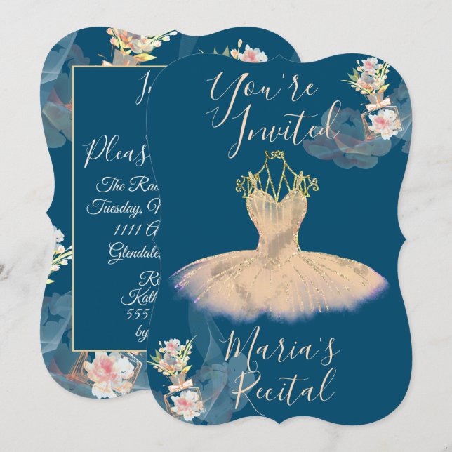 Invitación Vestido de bailarina de oro rosa transparente con  (Anverso / Reverso)