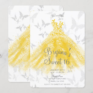 Invitación Vestido de baile de mariposa de plata amarilla Fie
