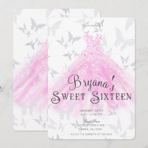 Invitación Vestido de baile de mariposa de plata rosa Dulces 