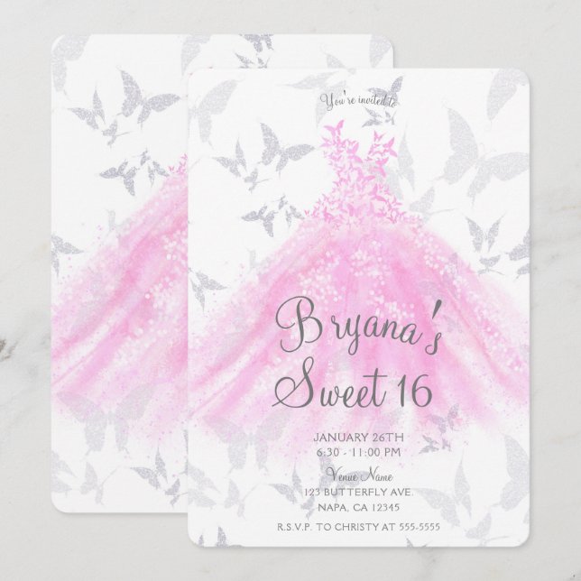 Invitación Vestido de baile de mariposa de plata rosa Dulces  (Anverso / Reverso)
