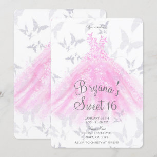 Invitación Vestido de baile de mariposa de plata rosa Dulces 