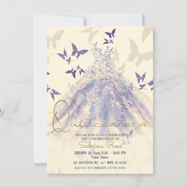 Invitación Vestido de Baile de Mariposa Morado Azul Quinceañe (Anverso)