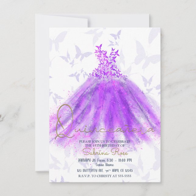 Invitación Vestido de baile de mariposa morado y rosa Quincea (Anverso)