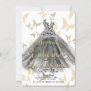 Invitación Vestido de Baile de Mariposa Negro Dorado Quinceañ