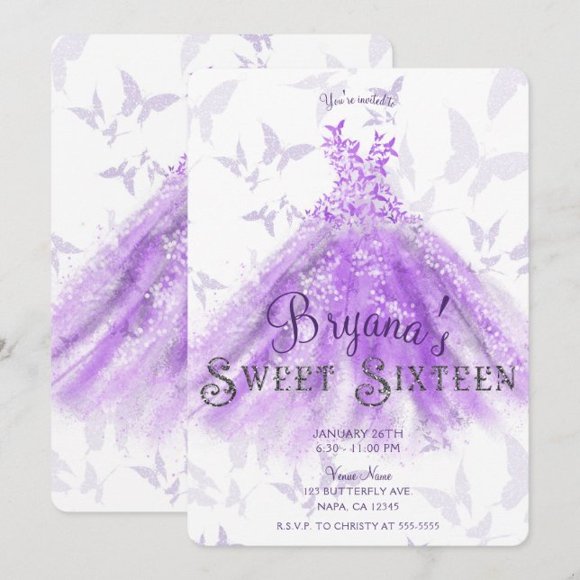 Invitación Vestido de Baile de Mariposa Purple Chic Dulces 16 (Anverso / Reverso)