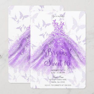 Invitación Vestido de baile de mariposa púrpura Dulces 16 fie