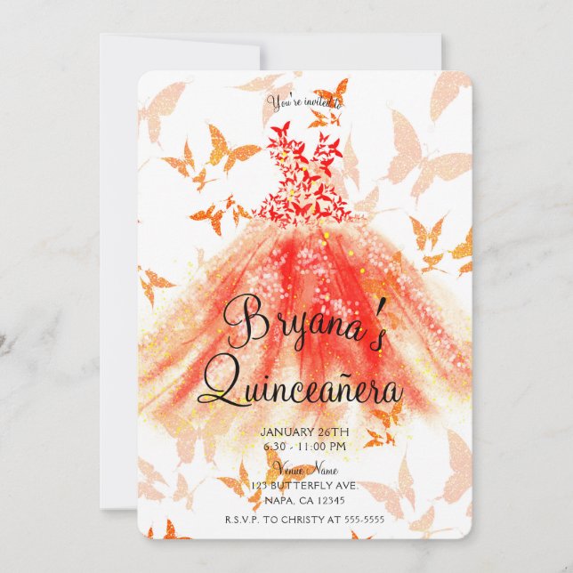 Invitación Vestido de baile de mariposa rojo naranja Quinceañ (Anverso)