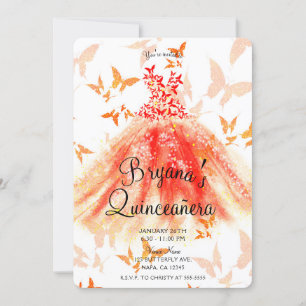 Invitación Vestido de baile de mariposa rojo naranja Quinceañ