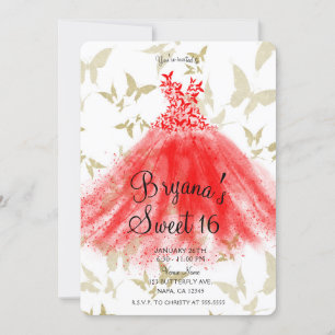 Invitación Vestido de baile de mariposa rojo y dorado Fiesta