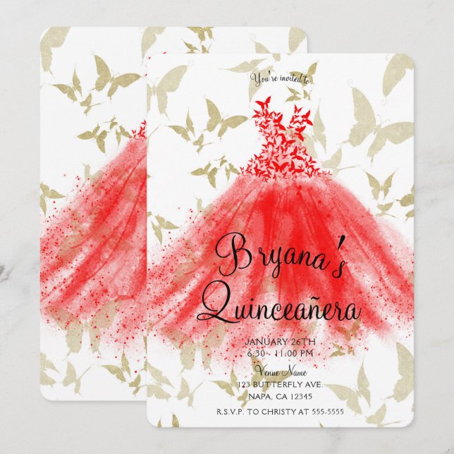 Invitación Vestido de baile de mariposa rojo y dorado Quincea (Anverso / Reverso)