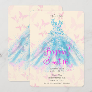 Invitación Vestido de baile de mariposa rosa y azul Dulces 16
