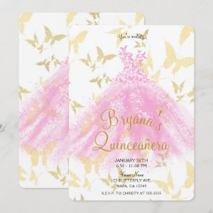 Invitación Vestido de Baile de Mariposa Rosa y Dorado Quincea