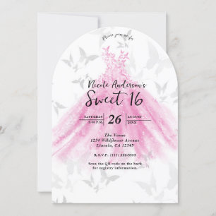 Invitación Vestido de baile de mariposa rosa y dorado Sweet 1