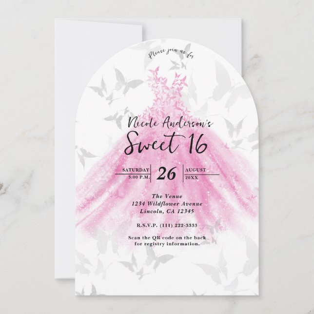 Invitación Vestido de baile de mariposa rosa y dorado Sweet 1 (Anverso)
