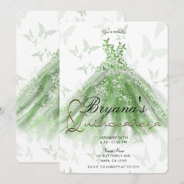 Invitación Vestido de Baile de Mariposa Verde Quinceañera Fie (Anverso / Reverso)