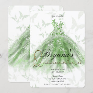 Invitación Vestido de Baile de Mariposa Verde Quinceañera Fie