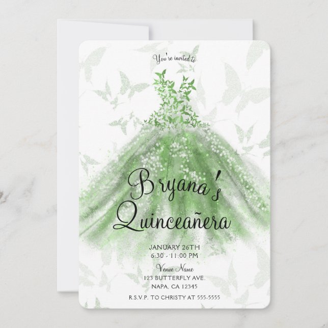 Invitación Vestido de baile de mariposa verde Quinceañera fie (Anverso)