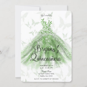 Invitación Vestido de baile de mariposa verde Quinceañera fie