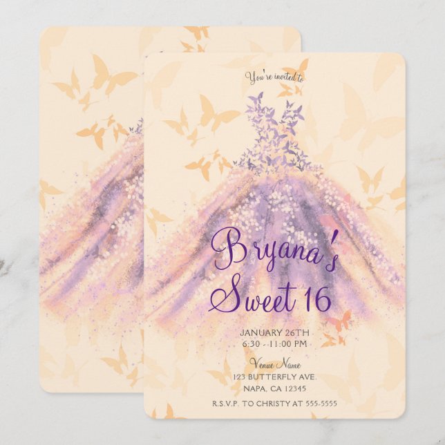 Invitación Vestido de baile Mariposa Naranja Púrpura Fiesta S (Anverso / Reverso)