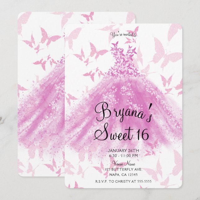 Invitación Vestido de baile mariposa rosa baya Sweet 16 Party (Anverso / Reverso)