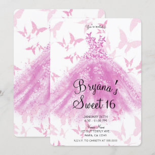 Invitación Vestido de baile mariposa rosa baya Sweet 16 Party