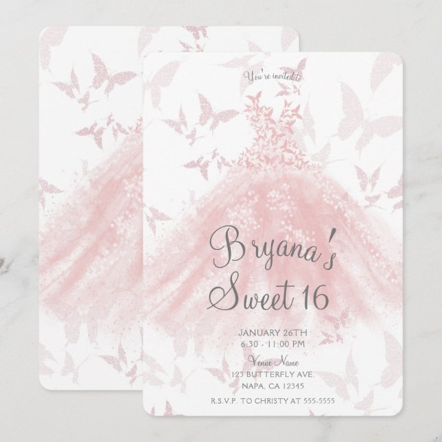 Invitación Vestido de baile mariposa rosa melocotón Dulces 16 (Anverso / Reverso)