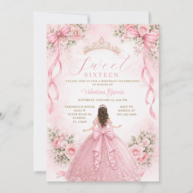 Invitación Vestido de Baile Princesa con Lazo Rosa Cumpleaños (Anverso)