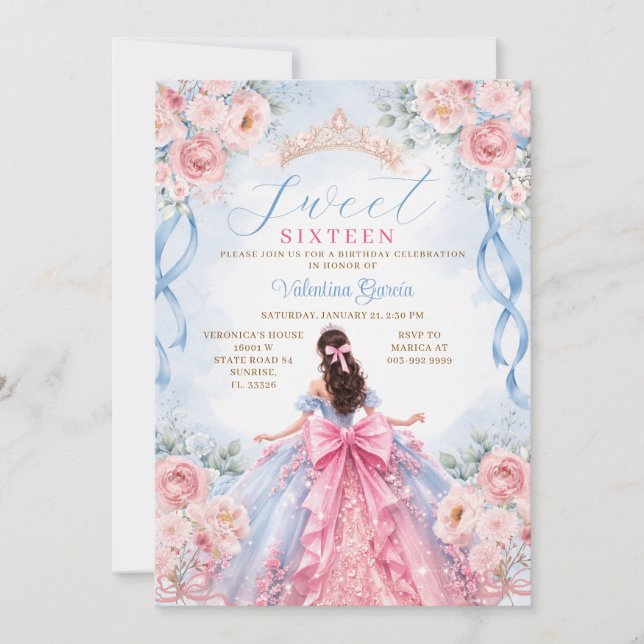 Invitación Vestido de Baile Princesa Rosa Azul Cumpleaños Dul (Anverso)
