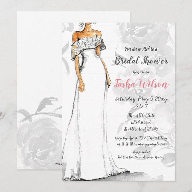 Invitación Vestido de Boda blanco elegante ducha de novia (Anverso / Reverso)
