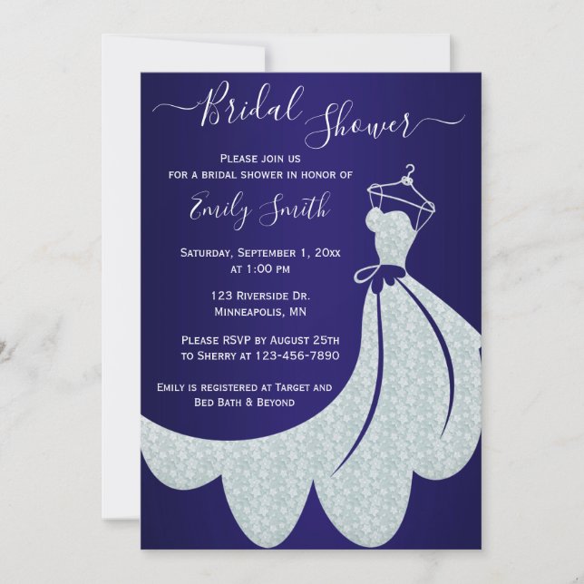 Invitación Vestido de Boda blanco en ducha de novia azul de l (Anverso)