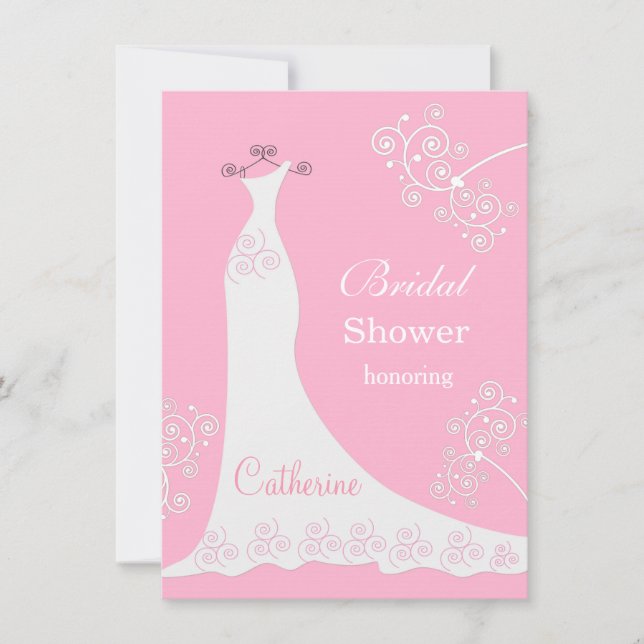 Invitación Vestido de boda blanco, remolinos en ducha nupcial (Anverso)