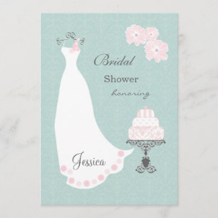Invitación Vestido de boda blanco, torta en ducha nupcial de