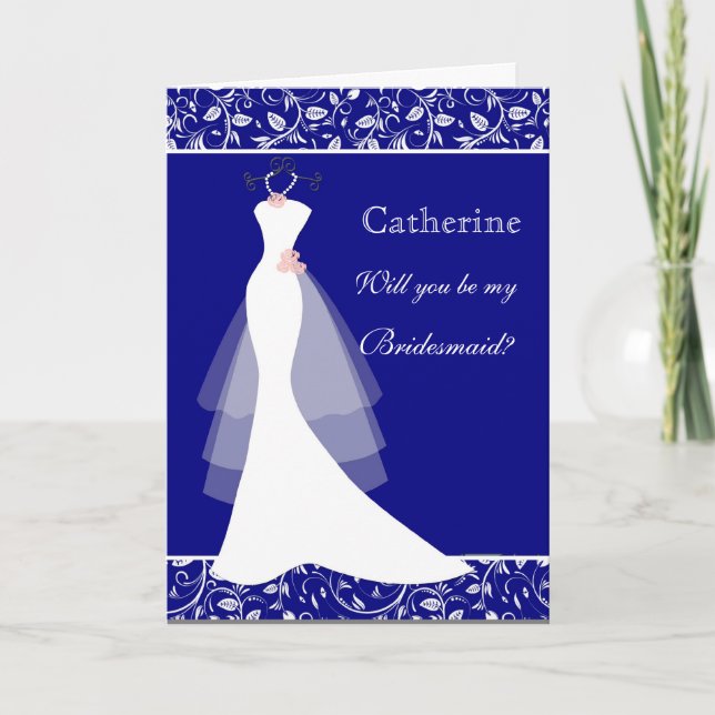 Invitación Vestido de boda, damasco en dama de honor del azul (Anverso)