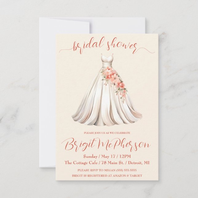 Invitación Vestido de Boda floral, vestido de novia, ducha de (Anverso)