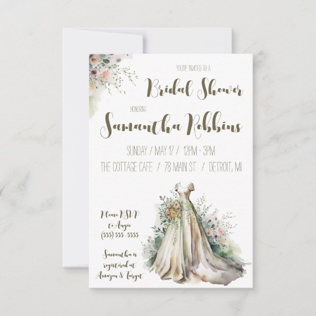 Invitación Vestido de Boda floral, vestido de novia, ducha de (Anverso)