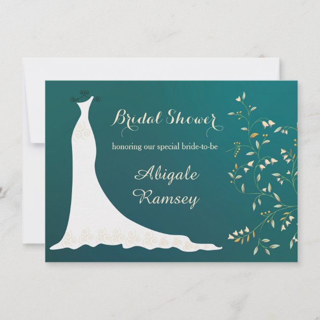 Invitación vestido de boda, flores en ducha de novia verde az (Anverso)