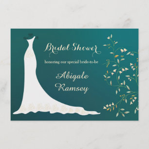 Invitación vestido de boda, flores en ducha de novia verde az