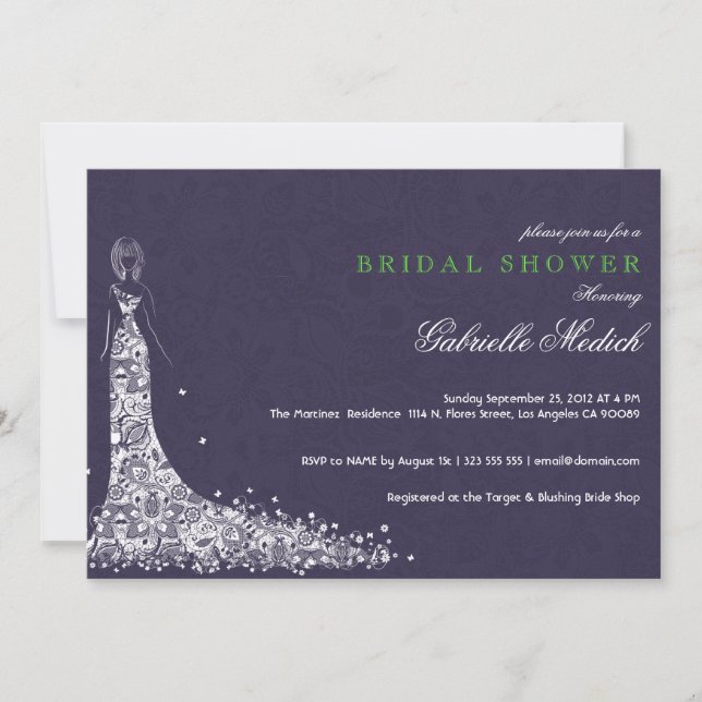 Invitación Vestido de Boda púrpura y blanco profundo y encaje (Anverso)