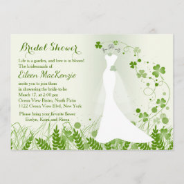 Invitación vestido de boda, shamrock en un prado, ducha de no